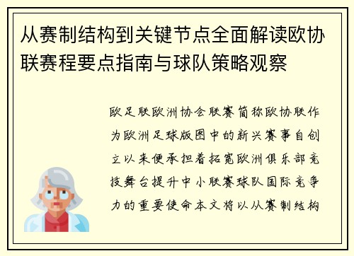 从赛制结构到关键节点全面解读欧协联赛程要点指南与球队策略观察
