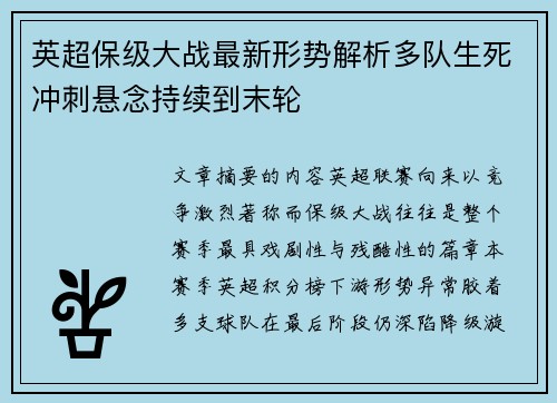 英超保级大战最新形势解析多队生死冲刺悬念持续到末轮 英超保级大战最新形势解析多队生死冲刺悬念持续到末轮
